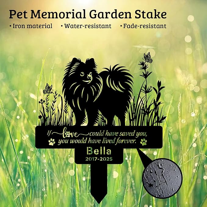 Personalized Pet Pomeranian Memorial Grave Marker with Name & Date, Custom Metal Loss of Dog Headstone Pet Pomeranian Plaque, Burial Stake for Outdoors Cemetery Yard, Pomeranian Sympathy Gifts