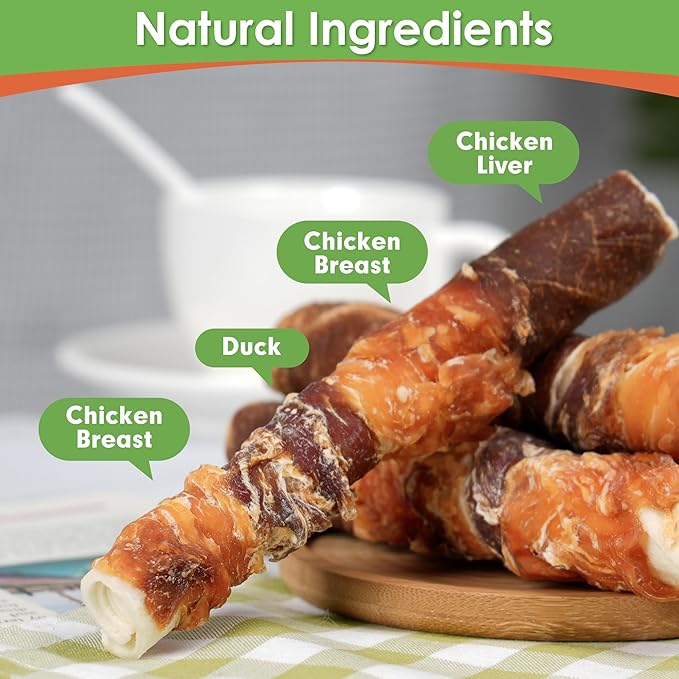 MON2SUN Dog Treats, Triple Flavor 6 Inch Chicken Liver Duck and Chicken Wrapped Rawhide Sticks, Teeth Cleaning Snacks for Medium Dogs, 17.6 oz (10 Count-Pack of 2)