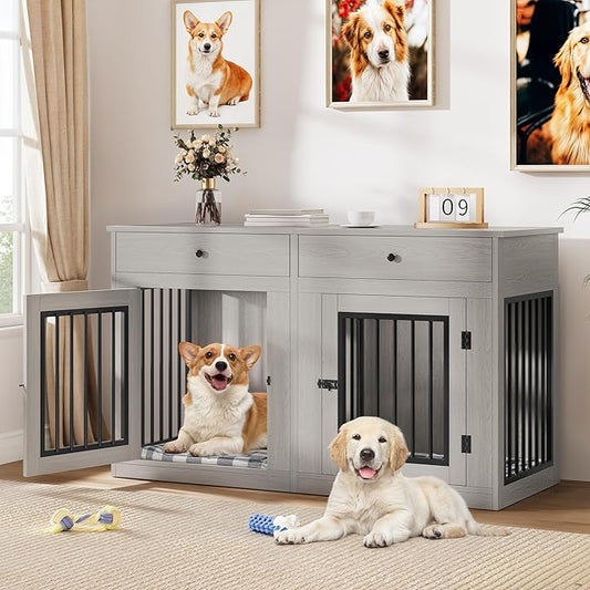 DWVO 60 Inch Double Dog Crate Furniture for 2 Dogs, Heavy Duty Wooden Dog Crate TV Stand with Removable Divider & Storage Drawers, Dogs Kennel Indoor Furniture Double Sliding Barn Door, Grey