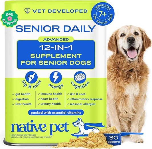 Native Pet Senior Daily Dog Vitamins & Supplements – 12-in-1 Dog Multivitamin Powder for Senior Dogs – Supports Mobility, Cognition, Digestion, Immune Health & More – 30 Scoops