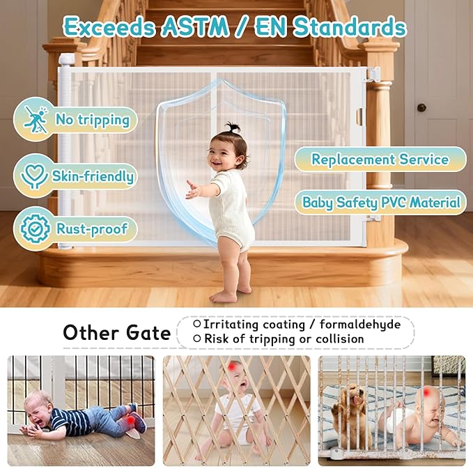 71'' Retractable Baby Gates Extra Wide for Stairs, 42" Tall White Mesh Dog Child Pet Safety Indoor Outdoor Retractable Gate for Doorways, House, Hallway, Deck with Reinforcement Strips