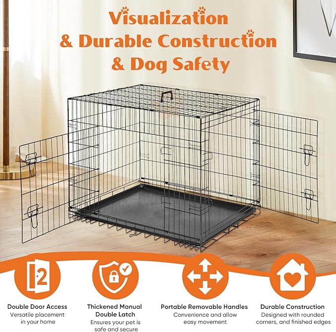 Sweetcrispy 36 Inch Dog Crate, Medium Crates Double Door Folding Metal Wire Dog Cage with Plastic Leak-Proof Pan Tray, Pet Kennel for Indoor, Outdoor, Travel