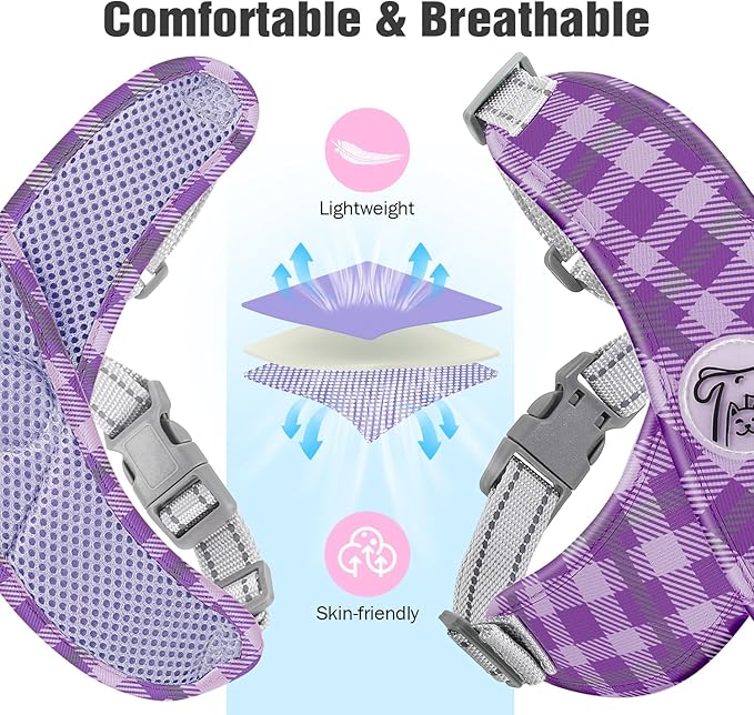 Pawaboo Small Dog Harness and Leash Set, Puppy Harness X-Frame No Pull No Choke, Dog Vest Harness Adjustable for Small Medium Sized Dogs,Soft Breathable Pet Harness for Walking Outing, L, Purple Plaid
