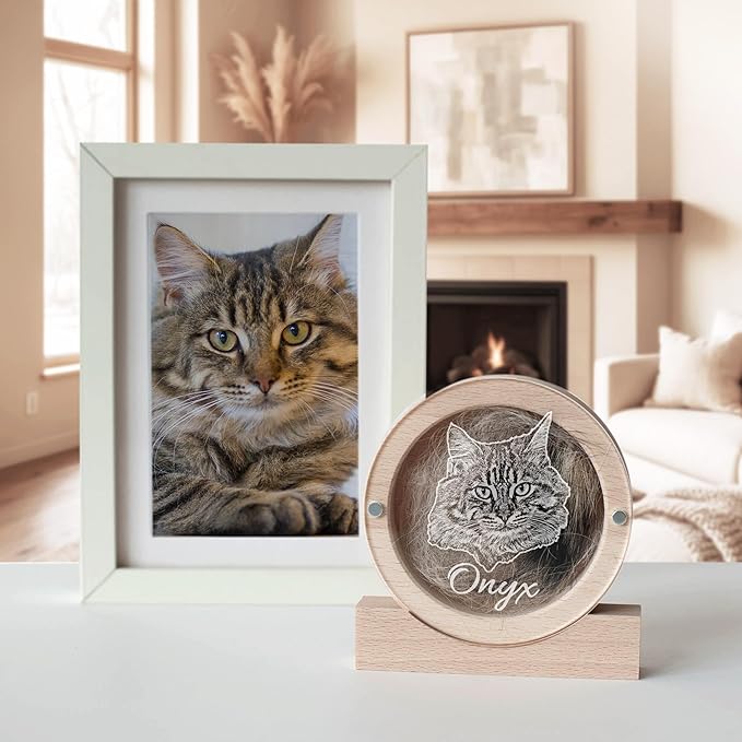 Personalized Pet Hair Keepsake Box for Dog and Cat Fur - Engraved Wood Memorial Box - Unique Customized Gift for Loss of Furry Friend Wooden (Light Round Wood/Acrylic Lid, With Photo)