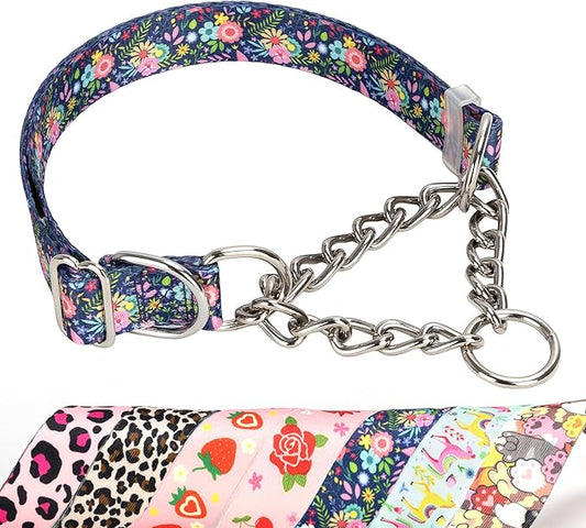 Martingale Collar for Dogs with Chain,Adjustable Nylon Floral Slip No Pull Training Dog Collars for Medium, Large & XL Dogs(Floral XL)
