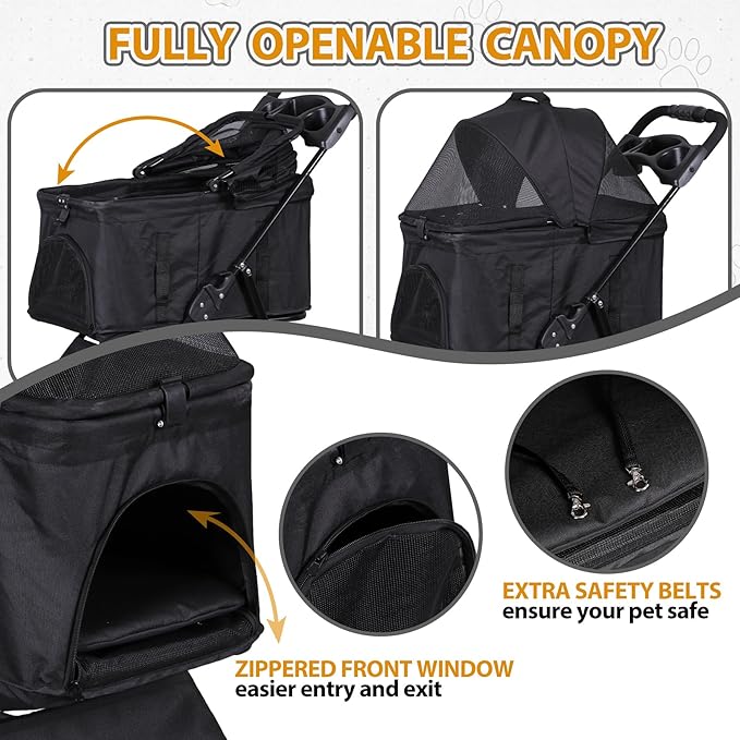 ZENY Pet Stroller, 3 in1 Foldable Dog Cat Jogger Stroller with 4 Wheels, Detachable Basket and Cup Holder, Travel Folding Carrier for Small/Medium Pet (Black)