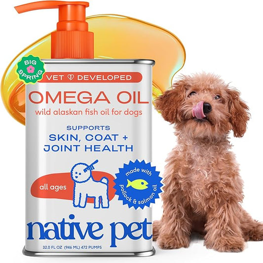 Native Pet Omega 3 Fish Oil for Dogs & Cats – Wild Alaskan Salmon Oil for Dogs Skin and Coat, Supports Joints, Heart & Shedding – Fast-Absorbing Omega 3 6 9 Liquid Supplement – 32oz