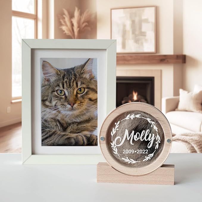 Personalized Pet Hair Keepsake Box for Dog and Cat Fur - Engraved Wood Memorial Box - Unique Customized Gift for Loss of Furry Friend Wooden (Light Round Wood/Acrylic Lid)