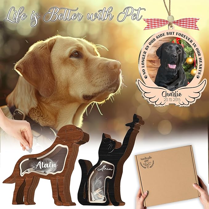 Personalized Cat Photo Wooden Frame, Custom Pet Fur Keepsake Memory Box, Pet Loss Picture Frame Ornament, Sympathy Gift Cat Shape Storing Hair Ashes Teeth, Idea Gift for Pet Lover Table Wall Decor