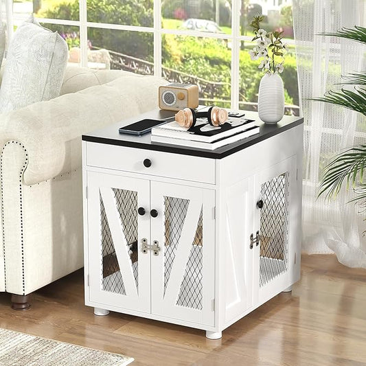 VOWNER Dog Crate Furniture, Wooden Dog Kennel End Table with USB Charging Station, Storage Drawer, Double Latched Door, Furniture-Style Crate Side Table for Small Dogs Under 25 lbs Indoor Use, White