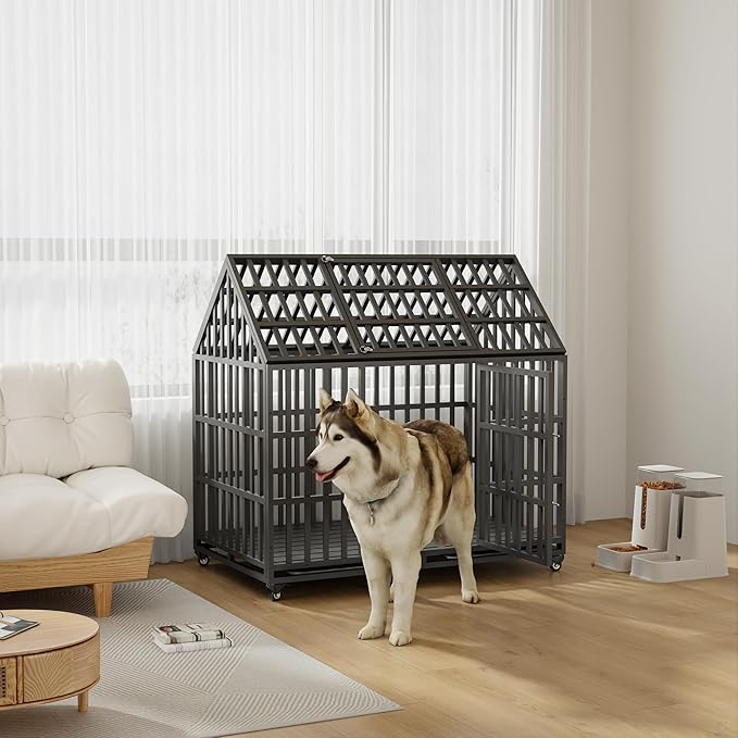 52 Inch Heavy Duty Dog Crate with Wheels, Indestructible Escape-Proof Dog Kennel with Reinforce Locks and Double Door, Extra Large XL XXL Cage Indoor for Large Giant Dog with Removable Tray