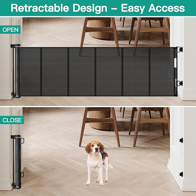 24 Inch Tall x 150 Inch Extra Wide Retractable Dog Gate for The House, Short Baby Gate to Step Over, Reinforced Mesh Puppy Gate for Doorways, Step Over Pet Gate for Stairs, Indoor/Outdoor, Black