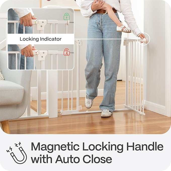 Perma Child Safety Safe Step Baby Gate for Stairs & Doorways, Rental Safe, 2-Minute Easy Install Pressure Mounted Gate, 28.8–40.1" Wide x 30" Tall, Auto Close, Stay Open, Ultra-Low Bar, White