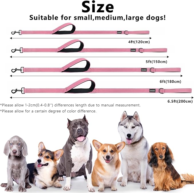 Dog Leash 6ft Long, Double Handle Dog Leash for Safety Control Training, Heavy Duty Dog Leads with Traffic Padded Handles, Reflective Leashes for Small Medium Large Dogs(6ft, Pink)
