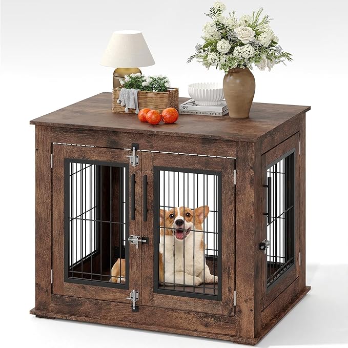 Double-Door Pet Crate Furniture, 31 Inch Indoor Dog House, Heavy Duty Wooden Kennel Side Table with Rustic Brown Finish, Chew-Resistant Dog Cage for Small Medium Dogs, Decorative End Table for Bedroom