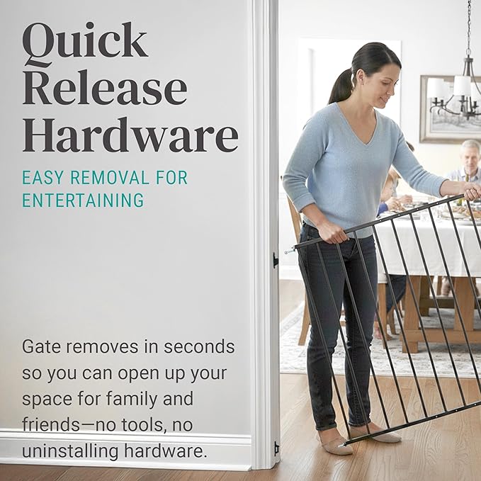 KidCo 24.75-42.5" Safeway Walk Through Baby Gate for Stairs and Doorways | No-Trip Top of Stairs Baby Gate No Bottom Bar | Quick-Release Mounted Hardware for Security and Easy Removal (Black)