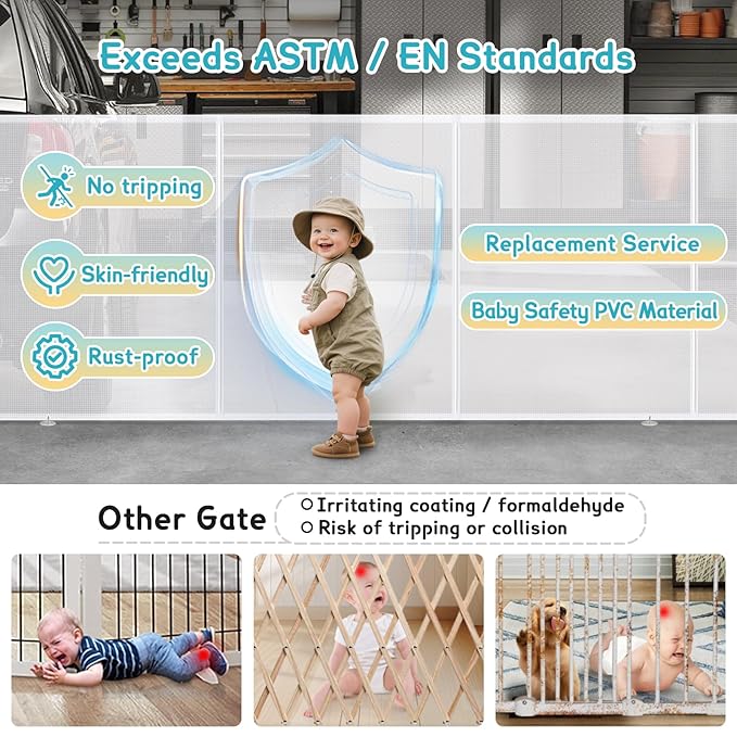 236'' Retractable Baby Gates Extra Wide 42" Tall White Mesh Dog Child Pet Safety 20 Foot Indoor Outdoor Retractable Gate for Decks, Garages, Patios, Doorways, Stairs with Reinforcement Strips