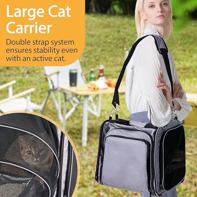 Cat Carrier with Litter Box for Large Cats, Expandable Cat Carrier for Car Travel Long Distance, Dog Carrier for Pets up to 20 lbs, Gray