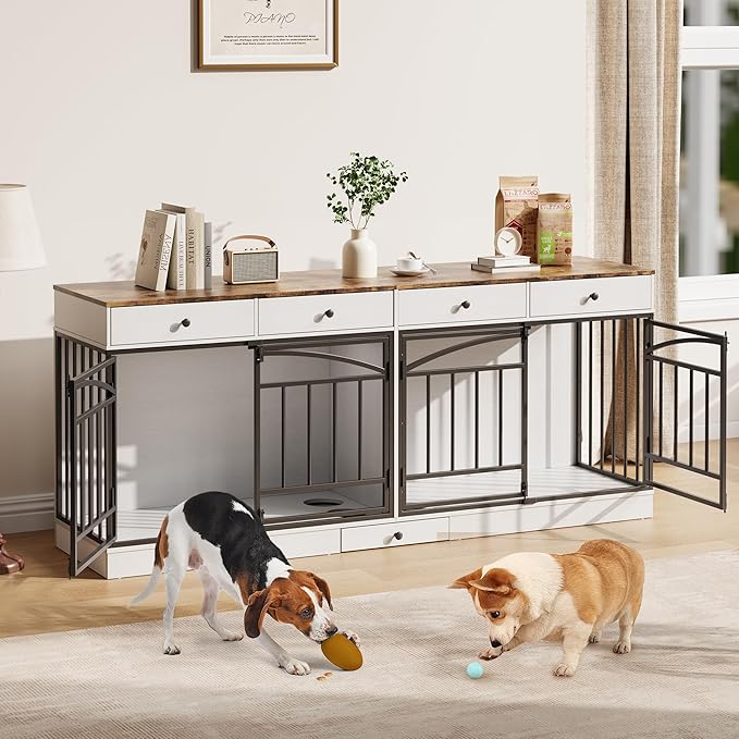 IDEALHOUSE 78.7" Double Dog Crate Furniture with Storage and 4 Doors, Dog Kennel Indoor with Feeding Bowls, Wood Dog Crate TV Stand for Small Medium Dogs, White