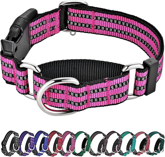 Hikiko Martingale Dog Collars Reflective Nylon Dog Collar with Quick Release Buckle Adjustable Training No Slip Dog Collar (Small, Pink)