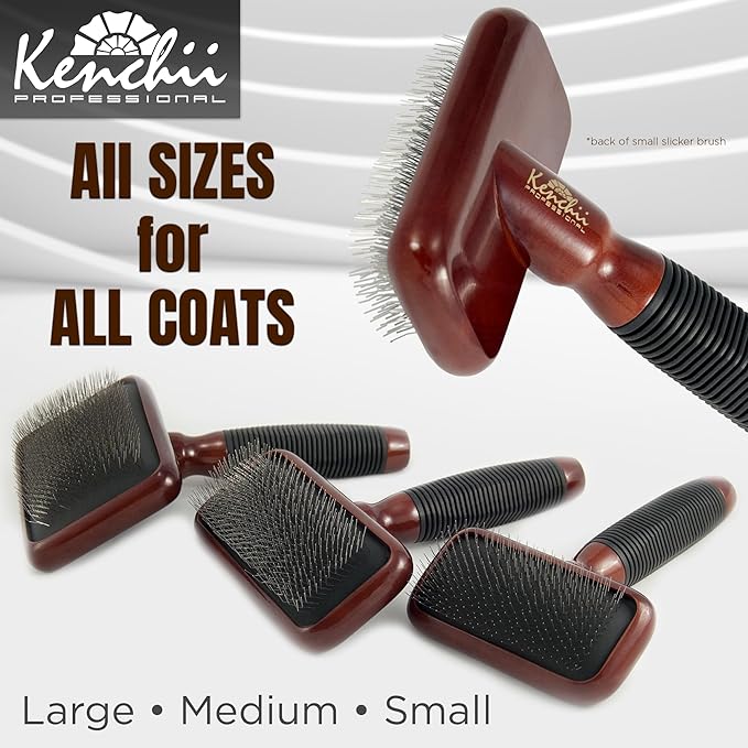 Kenchii Slicker Brush for Dogs, Professional Dog Grooming Brush for Loose Fur, Tangles, Long Short Haired, Stainless Steel Pins, Maplewood Handle, Small