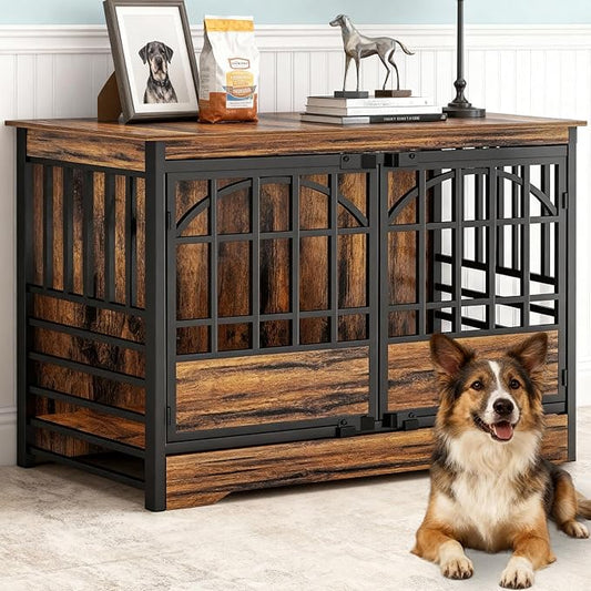 COZPAW 52 Inch Dog Crate Furniture, Extra Large Dog Kennel Indoor for XLarge Breed, Heavy Duty Dog Cage with Double Elegant Arched Doors, Decorate as TV Stand & End Table (Cognac Brown)