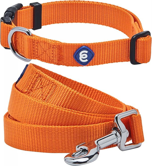 Blueberry Pet Essentials Matching Dog Collar and Leash Set in Orange Vermilion, Adjustable Classic Solid Color Nylon Collar with 4 ft Leash for Large Dogs