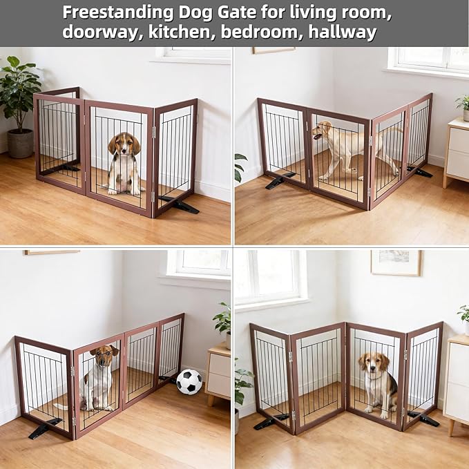 ZJSF Freestanding Dog Gate Indoor, Foldable Dog Fence for Doorways,Hallways or Stairs, Sturdy Wood Extra Wide Pet Gate with Support Feet,Brown,32 "Height-4 Panels
