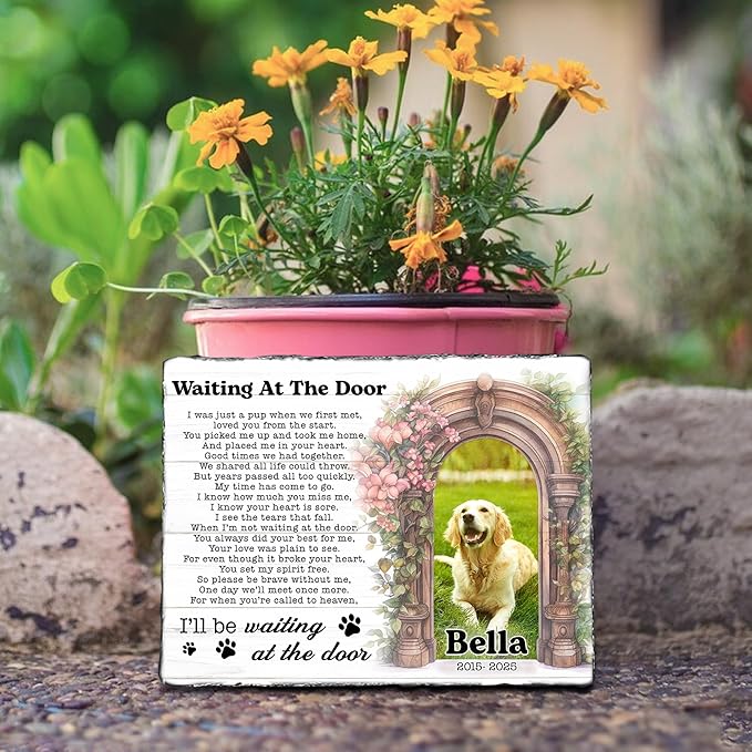 Personalized Dog Memorial Stone – Waiting at The Door Poem | Custom Photo Plaque for Dog or Cat Loss | Pet Remembrance Stone for Grave or Garden | Memorial Gifts for Pet Lovers
