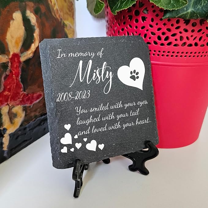 Personalized Individual Square Memorial Plaque + Stand for Pet Cat Dog Slate Stone Frame Paw Grave Marker - Size 3.94" x 3.94" or 100 x 100 mm - Poem