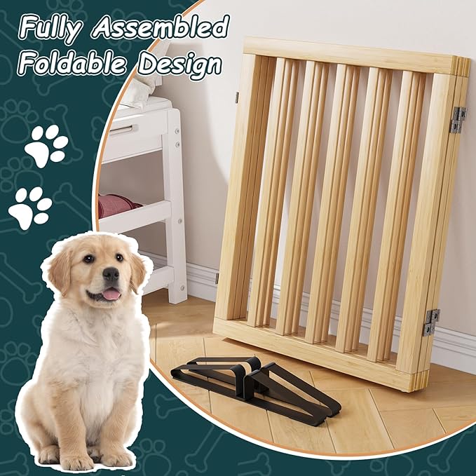 Semiocthome Bamboo Freestanding Dog Gates for Doorways, 3-Panel Indoor Puppy Gates for The House with 2 Metal Stands, 24"(H) Folding Pet Gate for Stairs Expands Up to 55"(W) No Installation Resquired