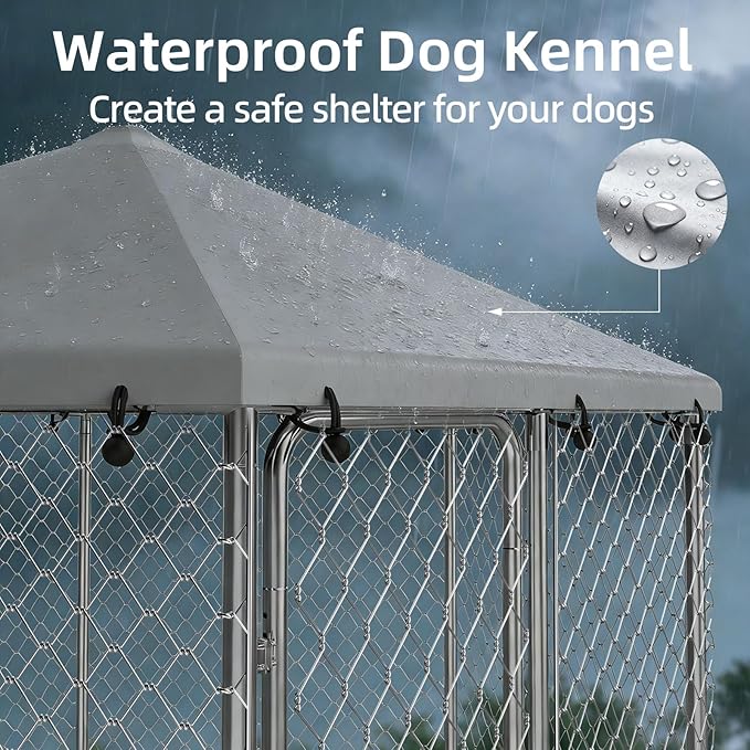 Outdoor Dog Kennel, Heavy Duty Metal Dog Enclosure with Waterproof Oxford Cover & Security Lock, Galvanized Wire Mesh Hexagonal Dog Run for Large Dogs & Small Animals (149.6x149.6x95IN)