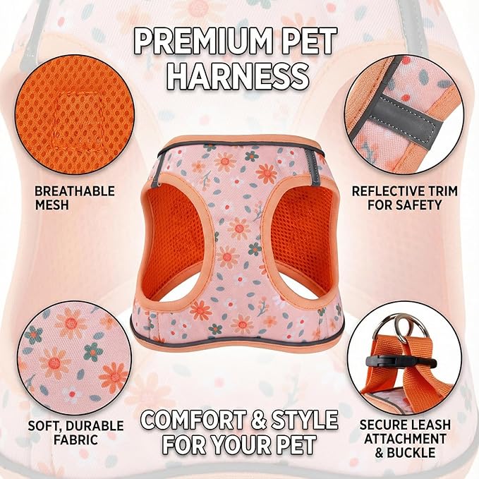 Step in Dog Harness and Leash Set, Reflective Adjustable No Pull Dog Harness for Extra-Small/Small Dogs Puppy and Cats, Soft Padded Mesh Vest Harnesses for Girl and Boy Pets(Orange Floral,XS)