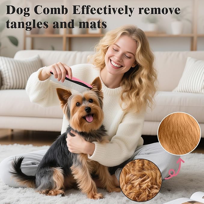 2PCS Self Cleaning Slicker Brush & Dog Comb - Skin Friendly Deshedding Grooming Tool for Dogs, Cats and Small Animals, Professional Deshedding Dematting Tool for Long and Short Haired Pets (Pink)