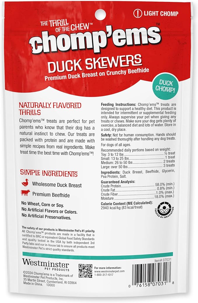 Chomp'ems Duck Skewers, 4 oz - All Natural Rawhide Wrapped with Premium Chicken Breast - Healthy, Protein Rich Treats for Dogs - Dog Chews