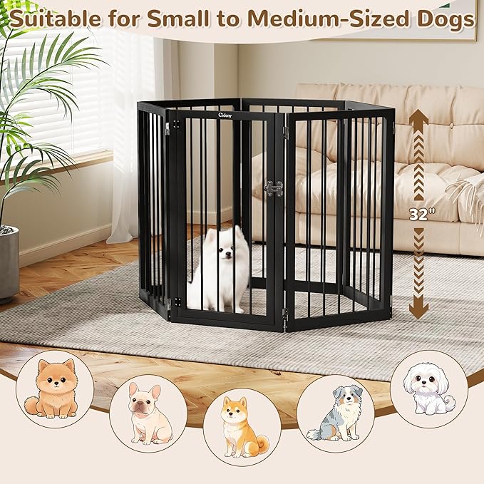 32” Extra Tall Freestanding Dog Gate, Foldable Gates for Dogs Indoor with Door, 6-Panel Dog Fence with Support Feet for Stability, Folding Dog Gates for Doorways Extra Wide No Drilling 106"x32"