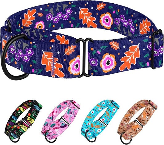 CollarDirect Martingale Collars for Dogs Heavy Duty Floral Pattern Female Safety Nylon Training Wide Collar Flower Design Large Medium (L, Neck Size 15"-20", Navy Blue)