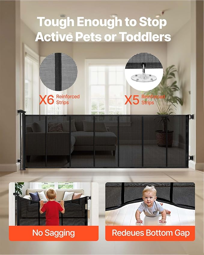 VEVOR Retractable Baby Gate, Extends to 120 inch Extra Wide, 38.5 inch Tall, with Reinforced Fiberglass Strips, Avoids Crawling Through, Mesh Dog Gate for Decks, Doorways, Garages, Indoor, Black