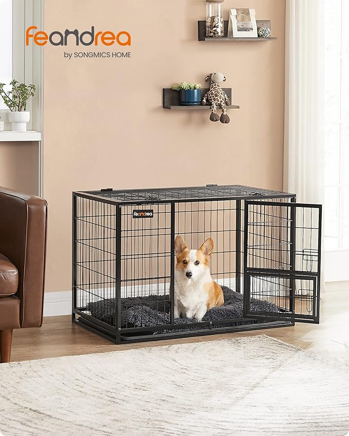 Feandrea Heavy-Duty Dog Crate, Dog Cage, 92.5 x 57.5 x 64 cm, for Small and Medium Dogs, Anti-Escape, Double Removable Door, Easy Cleaning, Pet Cage, L, Black PPD002B01