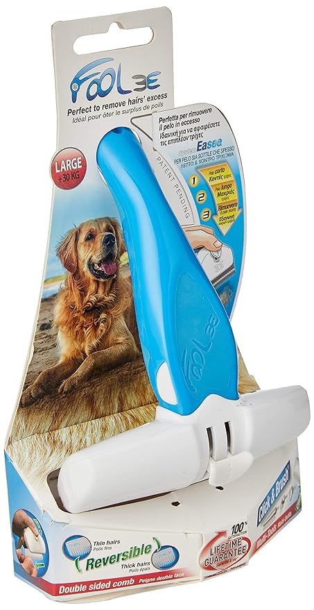 Eazee by Foolee Dog DeShedding Brush | Patented Dog Brush with NO Sharp Blades | Compatible with All Hair and Fur Types (Large, Blue)