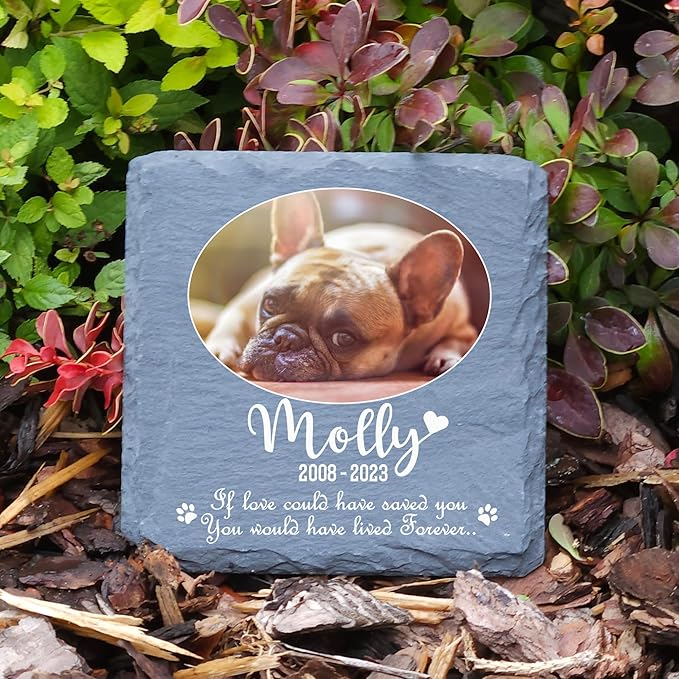 Personalized Individual Square Memorial Plaque + Stand for Pet Cat Dog Slate Stone Frame Paw Grave Marker - Size 3.94" x 3.94" or 100 x 100 mm - Oval Photo