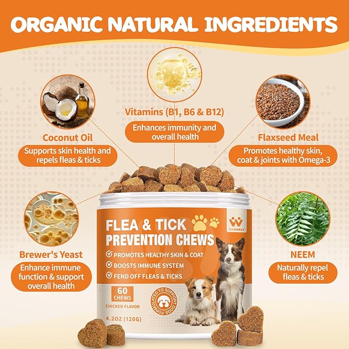 Flea and Tick Prevention for Dogs Chewables - Natural Dog Flea and Tick Treatment Chewable - Oral Flea Supplement for Dogs - Puppy Flea Support - All Breeds & Ages - 60 Soft Chews