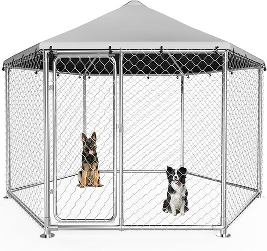 9.1x9.1FT Outdoor Dog Kennel, Heavy Duty Metal Dog Enclosure with Waterproof Oxford Cover & Security Lock, Galvanized Wire Mesh Hexagonal Dog Run for Large Dogs & Small Animals(109x109x95IN)