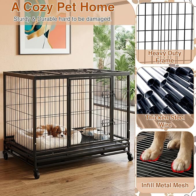 BestPet 36 Inch Heavy Duty Dog Crate, Indestructible Escape-Proof Kennel with Double Door & Removable Tray for Medium to Large Dogs,Black