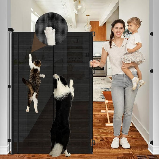 Reinforced 60 Inch Extra Tall Cat Gate Retractable Dog Gate - No Jumping Over/Crawling Under, 55" Wide Retractable Baby Gates for Cats with Reinforced Rods, 5ft Tall Dog Gate Indoor Cat Barrier/Black