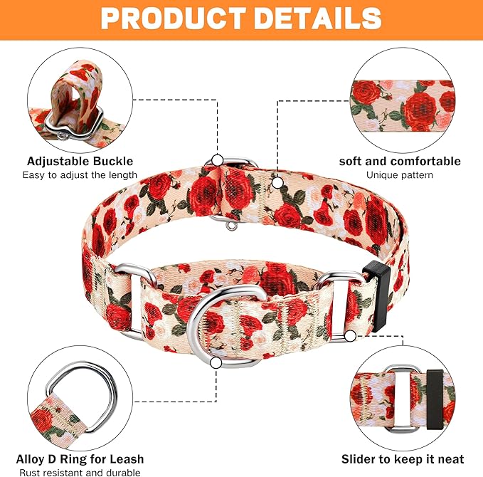 Hikiko Martingale Collar for Dogs with No Buckle Floral Designer Female Dog Collars Nylon No Pull Dog Collar for Large Dogs,Red Rose,L