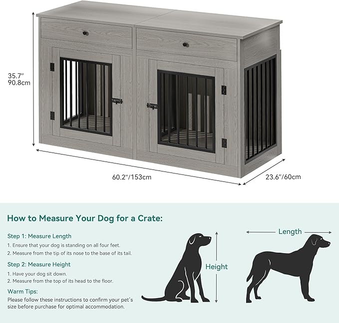 DWVO 60 Inch Double Dog Crate Furniture for 2 Dogs, Heavy Duty Wooden Dog Crate TV Stand with Removable Divider & Storage Drawers, Dogs Kennel Indoor Furniture Double Sliding Barn Door, Grey