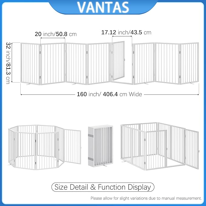 Vantas Folding No-Assembly Metal Pet Gate 160" Wide, 32" Extra Tall Dog Gate with Door Walk Through, Freestanding Accordion Puppy Gate Dog Door for Indoor & Outdoor, with 4PCS Support - White