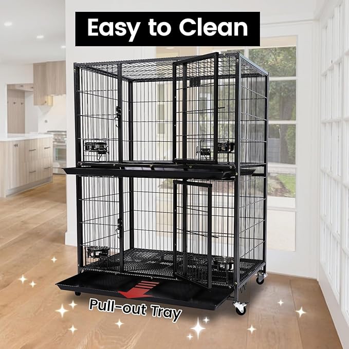 Homey Pet Two Tiers 37 Inch Dog Crate Cage Kennel with Feeding Door and Bowls, Lockable Wheels and Removable Tray, Escape Proof Metal Wire Heavy Duty Dog Crates for Medium/Small Sized Dogs (3 Pack)