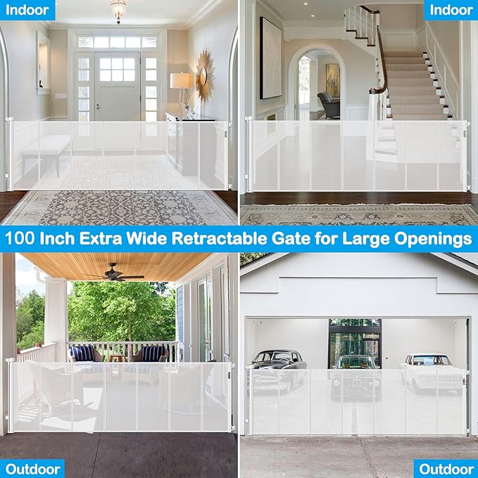 Reinforced 42" Extra Tall X 100" Extra Wide Baby Gate for Large Openings Stop Babies and Pets from Drilling Through Retractable Baby Gates Extra Tall Retractable Dog Gate No Sagging Retractable Gate